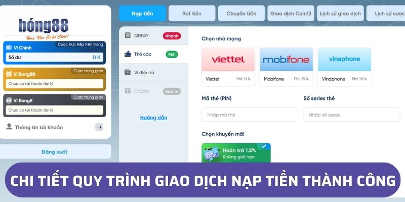 Chi tiết quy trình giao dịch nạp tiền vào hệ thống thành công